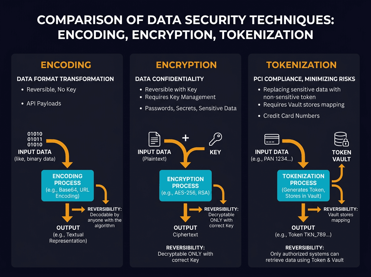 Encoding vs Encryption vs Tokenization diagram