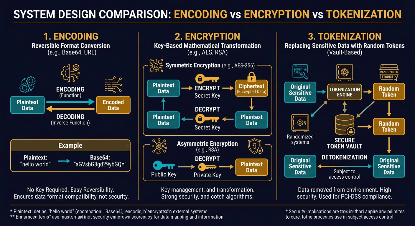 Encoding vs Encryption vs TokenizationEncoding, encryption, and tokenization are three distinct processes that handle data in different ways for various purposes, including data transmission, security, and compliance