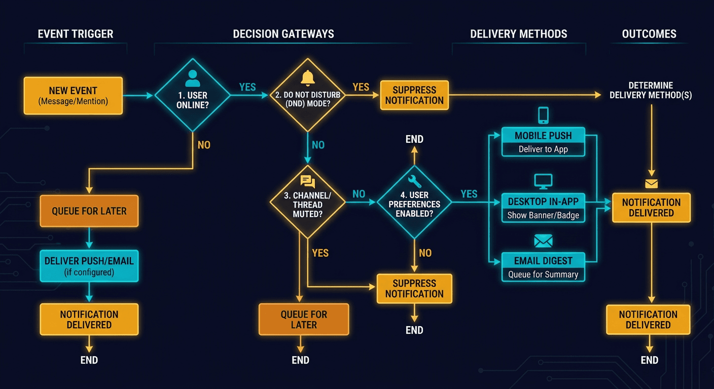 Flowchart of how slack decides to send a notification diagram
