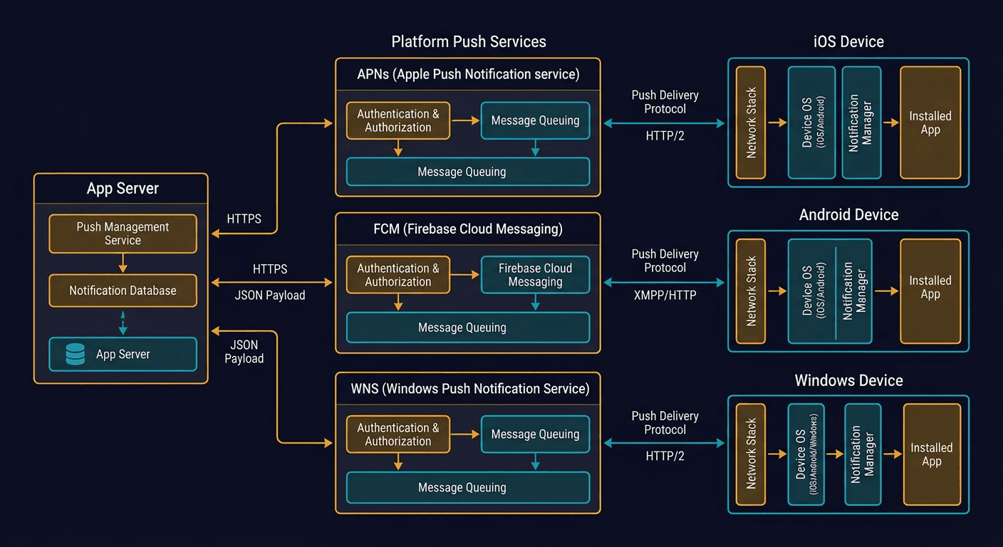 How are notifications pushed to our phones or PCs diagram