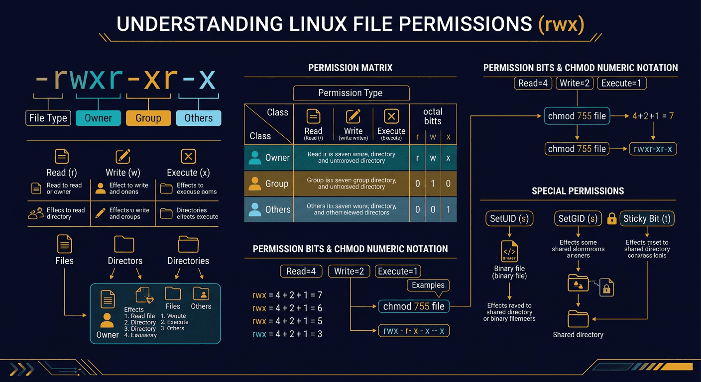 Linux file permission illustratedTo understand Linux file permissions, we need to understand Ownership and Permission
